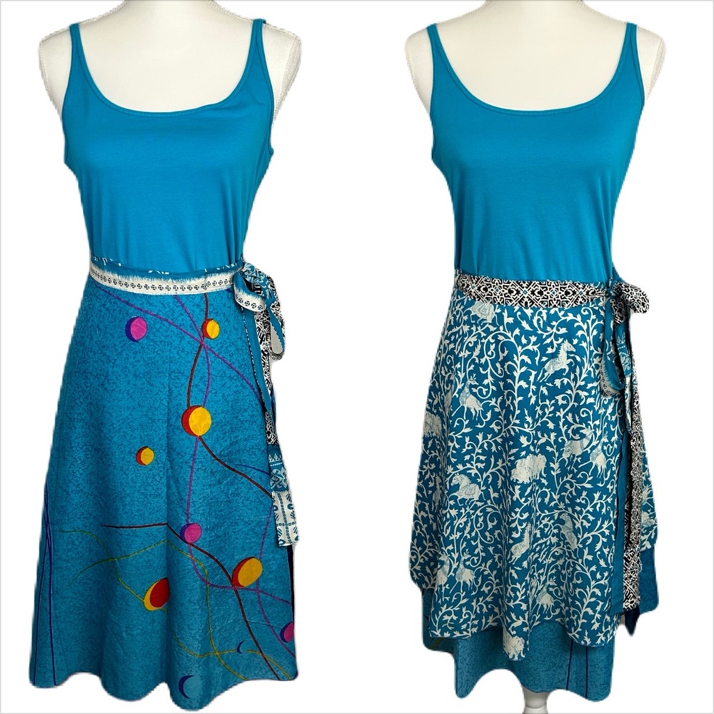 Earthbound Silk Wrap Skirt Set Top Reversible Animal Geometric Print Novelty